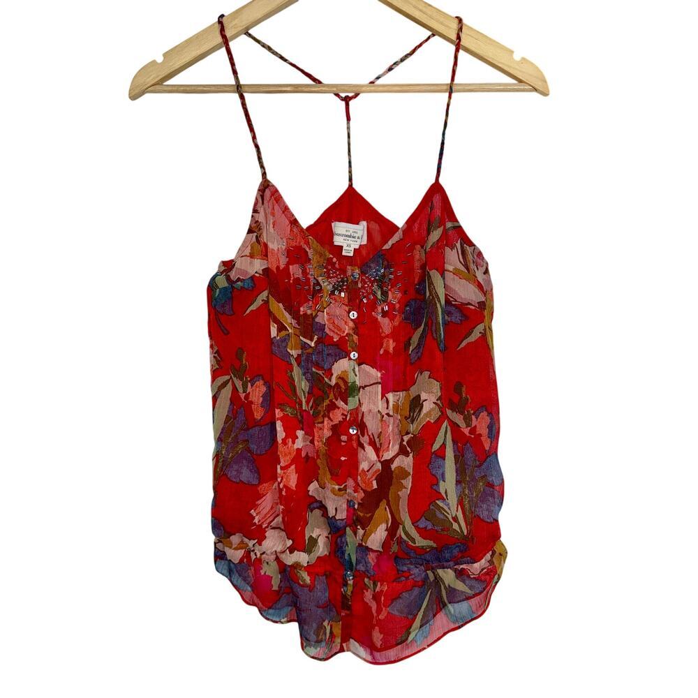 Abercrombie & Fitch Red Floral Beaded Sleeveless Cami Tank Top Womens Size XS